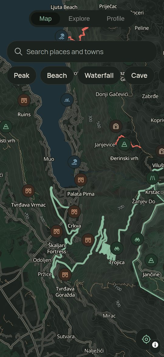 The Artemis map near Kotor with filters for peaks, beaches, waterfalls and caves